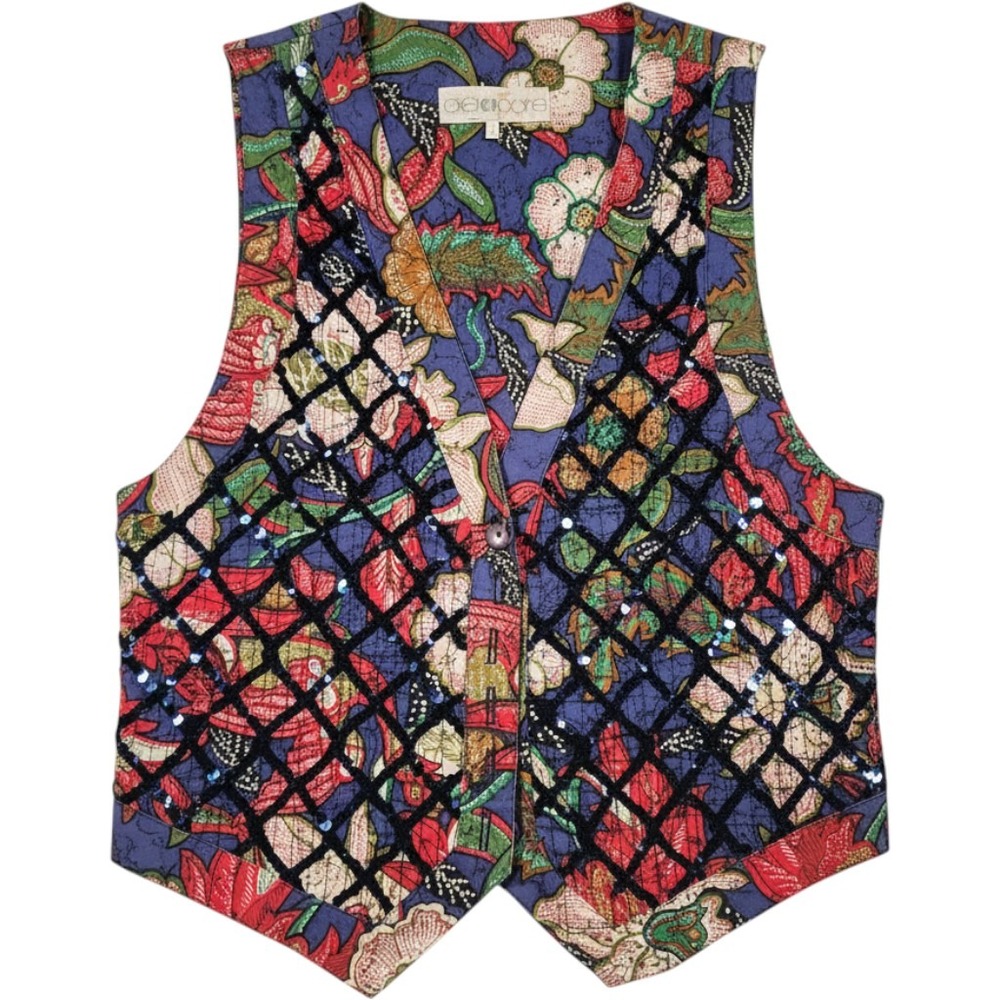 Vintage Pret-a-Porter Floral Sequin Vest Blue Red Batik Made in USA Waistcoat